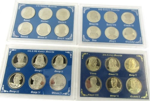 Four sets of British Monarchs commemorative coins, for 16th Century Monarchs, 17th Century Monarchs, 18th/19th Century Monarchs, and 20th Century Monarchs, each in a presentation Perspex case.