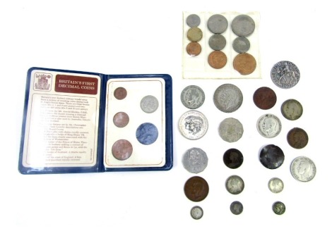 GB pre decimal coinage, to include a Britain's First Decimal Coin Set, commemorative crowns, Elizabeth II 1977, Marriage of Prince Charles and Lady Diana Spencer, together with silver coinage, 1893 one shilling, threepences, etc., and an In Memoriam medal