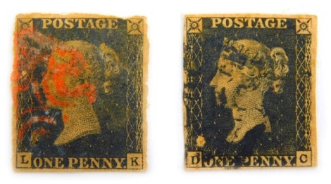 Two Victorian penny black stamps, comprising LK with red cancellation stamp and DC with black cancellation stamp.