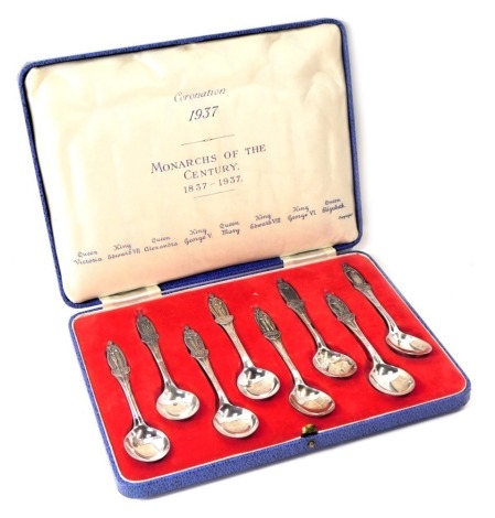 A Coronation set of silver teaspoons, comprising The Monarchs of the Century 1837-1937, including Victoria, Edward VII, Queen Alexandra, George V, Queen Mary, King Edward VIII, King George VI, and Queen Elizabeth, Sheffield 1937, 4.51oz, in presentation 