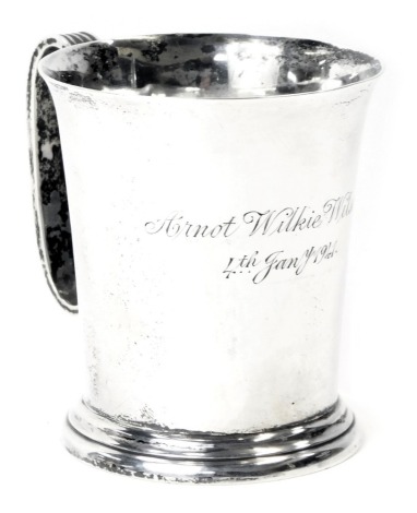 A George VI silver Christening cup, with a fluted rim on a reeded handle, inscribed Armet Wilkie Wilson 4th Jan 1941, maker TB&S, Sheffield 1938, 5.72oz.