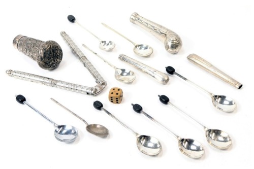 A group of silver and silver plated wares, comprising white metal handle filled, plated nut crackers, plated coffee bean spoons, Continental walking cane top, white metal unmarked, etc. (a quantity)