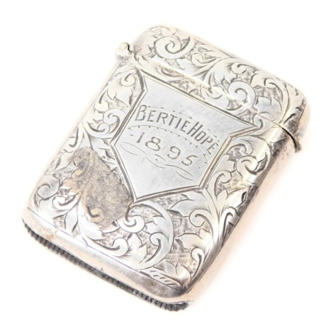 A Victorian silver match case, with engine engraved floral design, central shield marked Bertie Hope 1895, Birmingham 1894, 0.88oz.