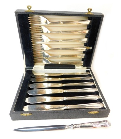 A Queen Elizabeth II King's pattern paper knife 1998, together with a set of six silver plated fish knives and forks, cased.