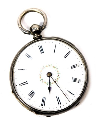 A late 19thC lady's silver pocket watch, open faced, key wind, circular enamel dial with chapter ring bearing Roman numerals, the case with engine turned and decoration, stamped fine silver, 1.230z.