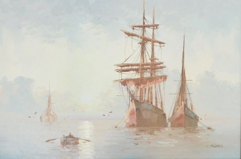 C Alexis (20thC School). Three boats at sea, with sea gulls, oil on canvas, signed, 49.5cm x 74cm, pine frame.