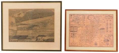 After Kip. Key of Castle and Foalfield Race, black and white engraving, 34cm x 47cm, with a printed map of Northamptonshire, 33cm x 43cm. (2)