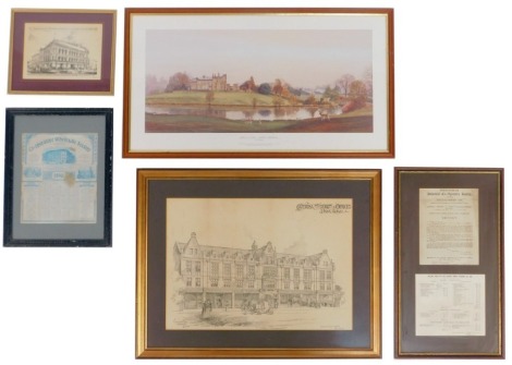 A group of Co-operative related pictures and prints, comprising After Alan Ingham. Ripley Castle, North Yorkshire, limited edition print, Specially Commissioned by Yorkshire Co-operations Ltd, As Hosts of 120th Co-operative Congress, Harrogate 1996, 34cm 