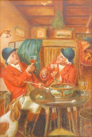 20thC School. Huntsmen in tavern, smoking pipes, oil on canvas, 35cm x 22cm, gilt frame.