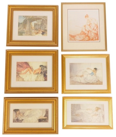 After Sir William Russell Flint. A collection of prints, comprising female reclining, in pink dress, 14.5cm x 26cm, female reclining, purple dress, 12cm x 27cm, semi nude female posing, 18cm x 26cm, semi nude female in ruins, 25cm x 19cm, lady in flowing 