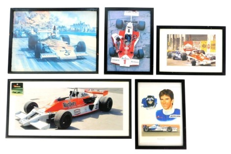 A group of motor racing related prints, comprising Marlboro scene photographs, After Colin Howard. A Fresh Start, 29cm x 20cm, Team McLaren, 20cm x 50cm, After Michael Turner. Marlboro 5, (x3), 40cm x 30cm, framed. (5)