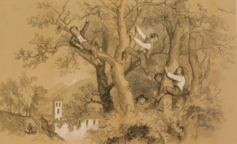 Early 20thC School. Young boys playing in tree before figures on country path and building, charcoal and body colour on paper, reframed, indistinctly signed verso, possibly Faulton? 1905?, 25cm x 39cm.