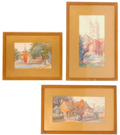 PE Bishom (20thC School). Three watercolours, comprising church and cemetery, 35cm x 17cm, church view, 17.5cm x 25cm, and cottage with garden of flowers, 17.5cm x 35cm, signed, framed and glazed. (3)