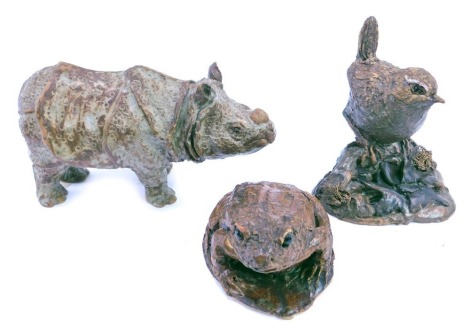 Three Rosemarie Cooke studio pottery figures, modelled as a rhinoceros, bird on branch, and toad, the bird 10cm high.