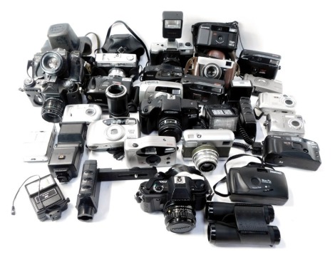 Various cameras, to include digital cameras, a Werra 1 camera with Karl Zeiss lens, Zenit E camera, flashes, etc. (1 box)