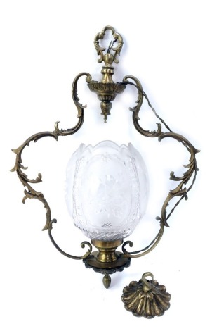 A Victorian style brass framed hanging lamp, with frosted and etched glass shade decorated with birds in branches, the frame in ornate rococo style, with ceiling hook, approx 60cm high.