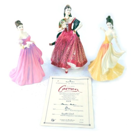 Three Royal Doulton porcelain ladies, comprising Congratulations to You HN4306, Carmen from Opera Heirlooms, limited edition, 4928/12500, and Jessica HN4049. (3)