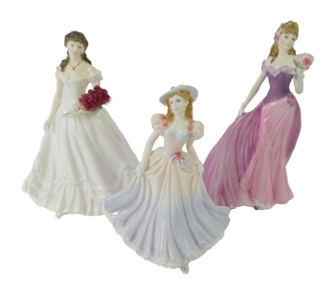 Three Royal Worcester porcelain ladies, comprising Katherine 1996, Anniversary Figure of the Year 2000, and Jessica Summer Romance Collection. (3)