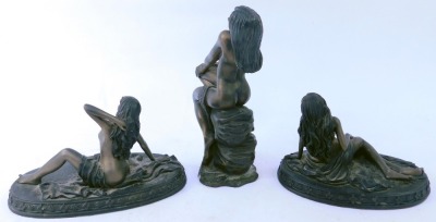 Three bronze style Craft Collection of Regency Fine Art figures, comprising Posing, Reclined, and another, untitled, of a semi clad female perched on rocks, 17cm wide and 21cm high. (3) - 3