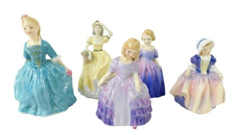 Five Royal Doulton and Coalport ladies, comprising Rose HN2123, A Child from Williamsburg HN2154, Dinky Do HN1678, Marie HN1370, and Coalport Claire, limited edition 2/83. (5)