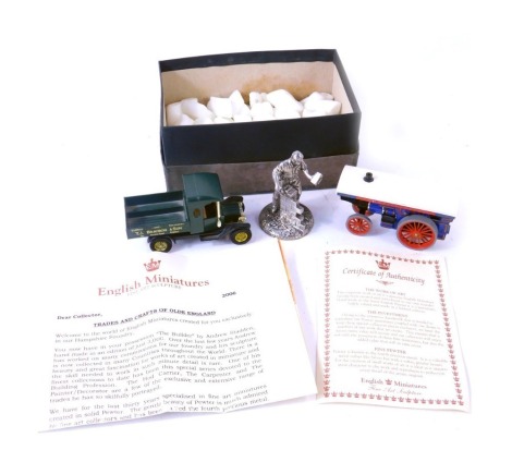 An English Miniatures sculpture, of a bricklayer, 8cm high, boxed with certificate, a Matchbox Models of Yesteryear TJ Braybon and Sons truck, and a miniature Matchbox steam engine model. (3)