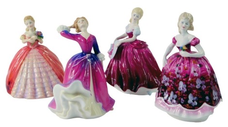 Four Royal Doulton ladies, comprising Melissa HN2467, a Ricard Studio Pottery of Hildigarde, Coalport Ladies of Fashion Rosemary, and Coalport Ladies of Fashion Amanda. (4, AF)