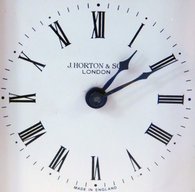 J Hawton and Son of London. 20thC brass cased anniversary clock, with swing handle, white enamel Roman numeric dial, seventeen jewel movement, on bun feet, 12cm high, 7.5cm wide, 6cm deep. - 2