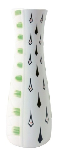 A 1950s Radford pottery vase, with hatched and painted panelling, set with green and black diamond colourings, 23cm high.