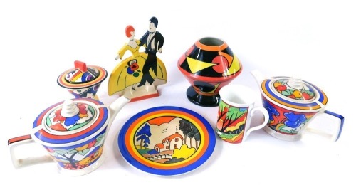 A group of Art Deco and Clarice Cliff style wares, comprising Duchess China coffee cup, an Old Ellgreave Pottery Burslem vase, two Sadler teapots, a Sadler cabinet plate, Chelsea Works Burslem Moorland figure group, and a Chelsea Works Burslem Moorland pa