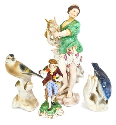 A group of late 19th/early 20thC porcelain figures, comprising a KG Continental porcelain figure of a gentleman carrying flowers, a Continental porcelain figure of lady playing lyre, with cross sword stamp beneath, 21cm high, a Karl Enz figure of a bird