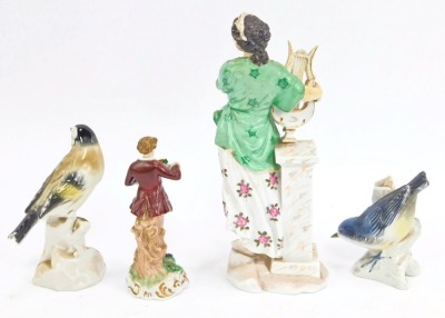 A group of late 19th/early 20thC porcelain figures, comprising a KG Continental porcelain figure of a gentleman carrying flowers, a Continental porcelain figure of lady playing lyre, with cross sword stamp beneath, 21cm high, a Karl Enz figure of a bird - 2