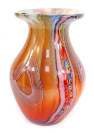 A 20thC Art Glass Murano style vase, of baluster form, with orange, pink and multicoloured swirl detail, 32cm high.