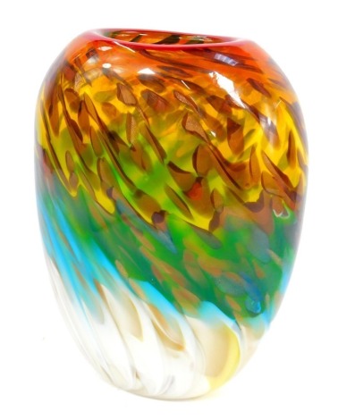 A 20thC Art Glass vase, of compressed oval form, design with orange, blue, white and gold mottled decoration, 26cm high.