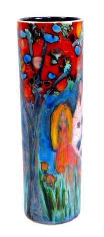 An Anita Harris Art Pottery studio pottery cylindrical vase, with a metallic base design in blue red and orange depicting figures and butterflies, stamped and signed to underside, dated 2013, 27cm high.