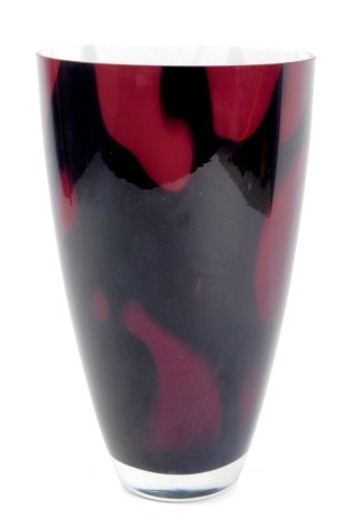 A purple Art Glass Murano style vase, with a white lined interior and black and swirl outer decoration, 30cm high.