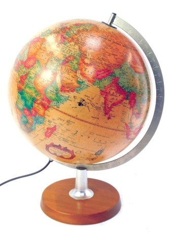 A Danish Scan-Globe A/S Kerr 1980, with cartography by Carl-F-Harig, raised on a wooded base, with power lead, 41cm high.