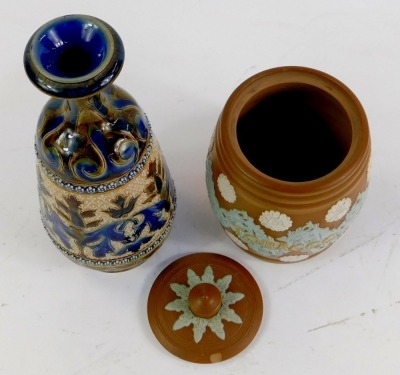 A late 19thC Doulton Lambeth stoneware vase, dated 1879, sgraffito decorated with scrolling leaves, within bands of foliate leaves, impressed and incised mark, 13cm high, "Tobacco" a late 20thC, rectangular storage, decorated in the Imari palate, central - 2