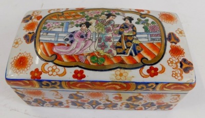 A mid to late 20thC Chinese rectangular storage box, in the Imari style with central panel depicting three geisha, with a six character stamp to underside, 10cm high, 21cm wide, 11cm deep. - 2