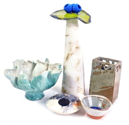 A group of Studio pottery, comprising a Christine Withal mushroom, 31cm high, an SEK rectangular vase, 14cm high, an AM finger bowl, 9cm wide, and two others unmarked, 10cm high, 11cm wide. (5)