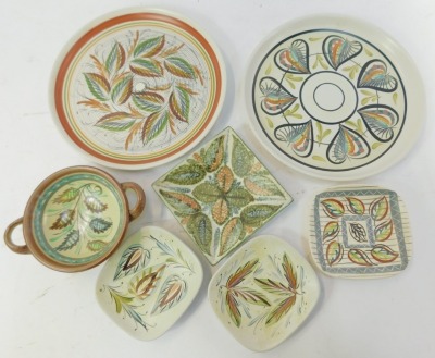 A group of Denby Glynn Colledge wares, comprising three Bourne Denby rectangular pin dishes, an unmarked two handled bowl, a Denby square trinket dish, and two Denby dinner plates, each of floral decoration, the plates 25cm diameter. (7) - 2