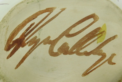 Two Denby style bowls, comprising a shaped rim studio pottery bowl on a yellow ground decorated with flowers, signed Glyn Colledge, Colbridge, 10cm high, and a circular dish in the Denby style, bearing indistinct signature, 22cm wide, and a plate, (3). - 3