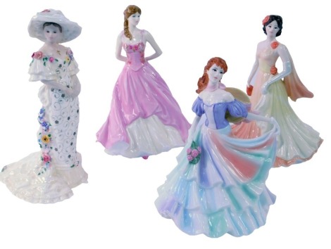 Four Coalport porcelain figures, modelled as Now and Forever, limited edition number 667/7500, Classic Elegance Evening Romance, Lovely Lady Christabel limited edition number 674/2500, and Sentiments Picket Especially for You. (4)