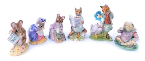 Six Royal Albert Beatrix Potter pottery figures, comprising Jeremy Fisher, Lady Mouse Made a Curtsey, Hunca Munca Sweeping, Hunca Munca Spills the Beans, Foxy Reading, and Jemima Puddle Duck with Foxy Whiskered Gentleman.