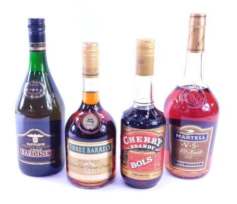 Four bottles of Brandy, comprising Bols Cherry Brandy, Napoleon Bardinet French Brandy, Martell Fine Cognac 1 litre bottle, and a Three Barrels French Brandy. (4)