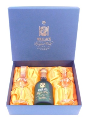 A presentation set of Wallace Single Malt Scotch Whisky Liqueur, 35cl bottle, and two associated glasses.