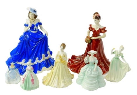 Coalport porcelain figures, comprising Ladies of Fashion Jenny, Afternoon Stroll, Classic Elegance Collection, Carla and Fleur, Debutante of The Year 2004 Angela, Congratulations, Gemma & Bella. (7)