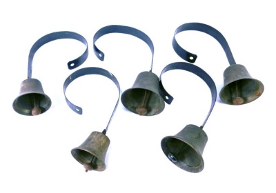 A set of five 19thC servant bells, each with an arched metal handle.