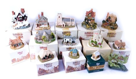 A group of Lilliput Lane cottages, comprising Deer Park Hall, Summer Haze, Village School, Saint Mary's, Beacon Heights, Diamond Cottage, Chine Cot, Brecon Bach, Five Ways Cottage, Farthing Lodge, Christmas Cracker, April Cottage and a Heritage Homes Our 