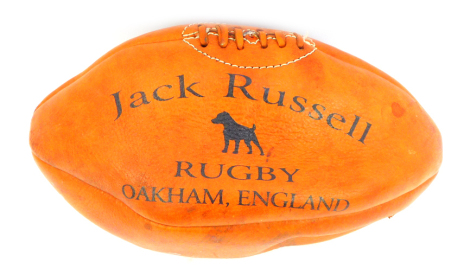 A 20thC leather rugby ball, for Jack Russell Rugby Oakham England and the Matt Hampson Foundation, bearing indistinct signature, possibly Matt Hanson.