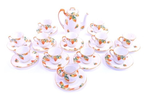 Early 20thC Foley China Phins pattern part coffee service, decorated with autumnal leaves, printed marks, comprising coffee pot, eleven cups and saucers and a cream jug. (AF)